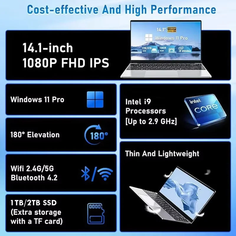 2026 14.1” Gaming i9 Laptop Windows 11 Intel Core i9-10980hk 16GB RAM 1/2TB M.2 SSD Laptops 4K HD Gaming Notebook Desktop PC