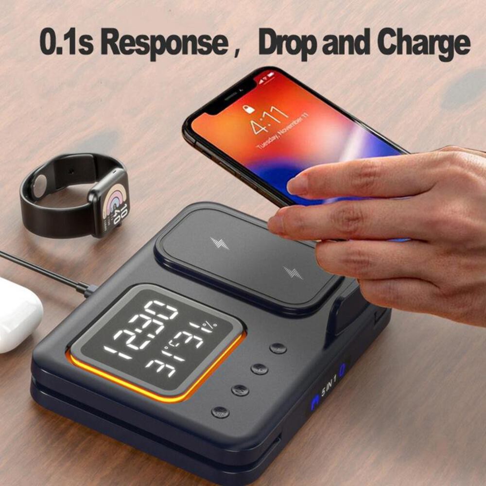 15W Wireless Chargers Stand 5 In1 LED Digital Alarm Clock Fast Charging Dock Sta