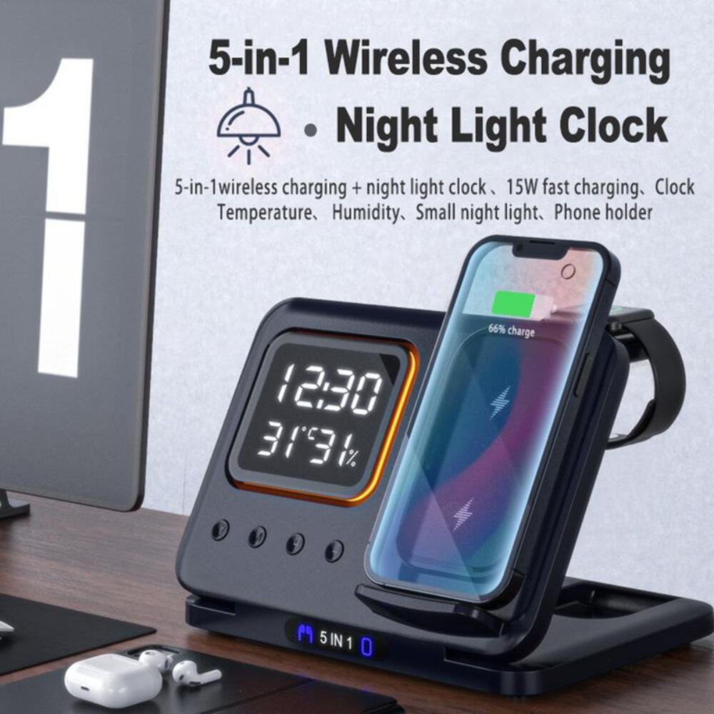 15W Wireless Chargers Stand 5 In1 LED Digital Alarm Clock Fast Charging Dock Sta