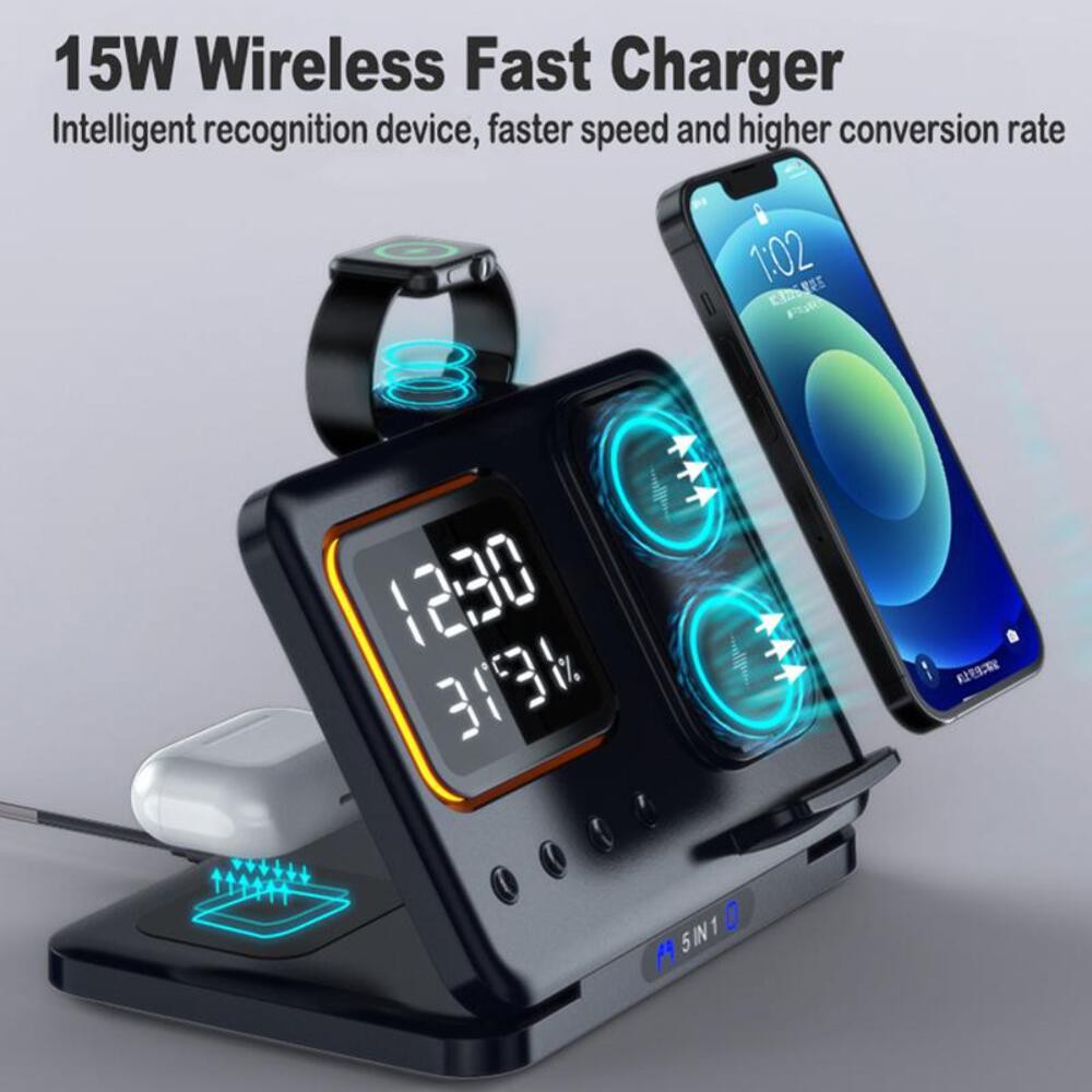 15W Wireless Chargers Stand 5 In1 LED Digital Alarm Clock Fast Charging Dock Sta