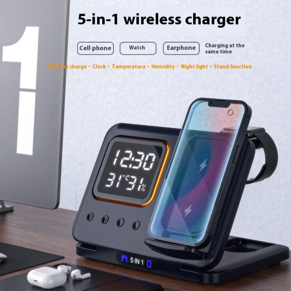 15W Wireless Chargers Stand 5 In1 LED Digital Alarm Clock Fast Charging Dock Sta
