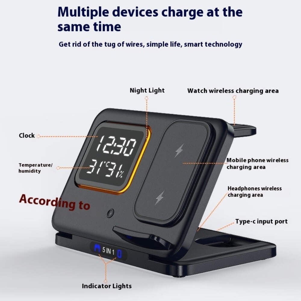 15W Wireless Chargers Stand 5 In1 LED Digital Alarm Clock Fast Charging Dock Sta