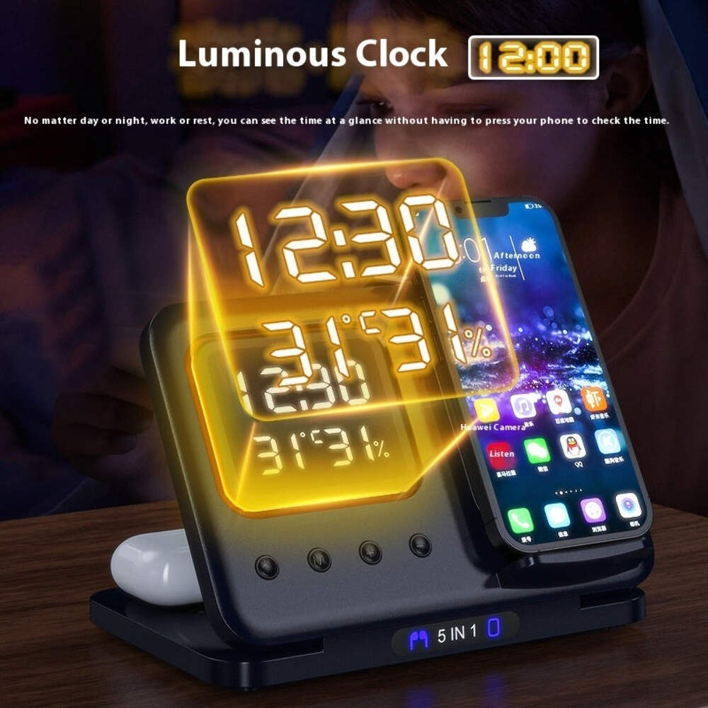15W Wireless Chargers Stand 5 In1 LED Digital Alarm Clock Fast Charging Dock Sta